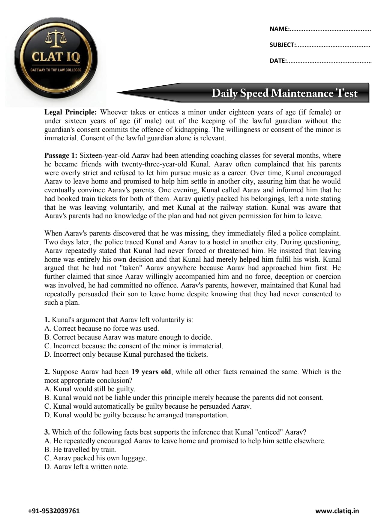 CLAT IQ Kidnapping & Abduction: Concept Notes, Legal Principles & Practice Questions